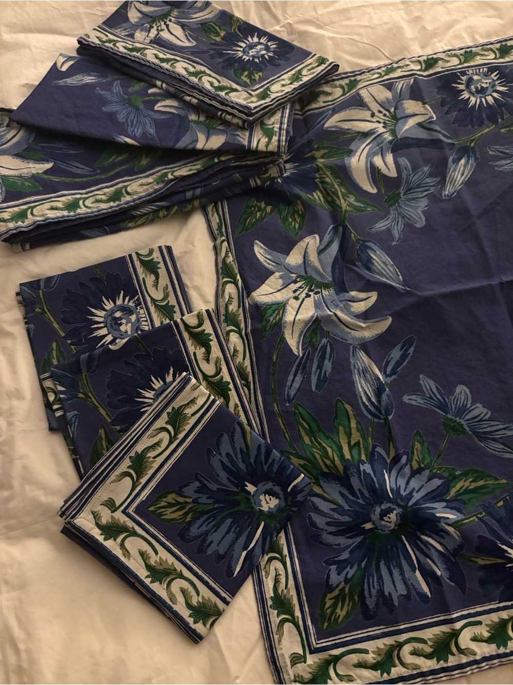Williams Sonoma Blue Floral Napkins with White and Green Accents